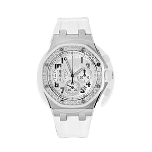 White steel chronograph watch with rubber strap