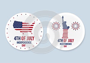 White steel patriotic pin badges set. 4th of july. Independence Day of America. Realistic mockup.