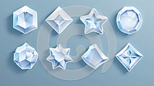 White stickers or patches mockup. Blank shrunken labels in round, square, star, pentahedron and hexahedron shapes or photo
