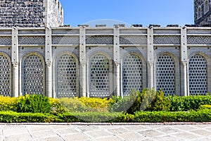 White stone carved openwork cloisters and arches with arabic ornaments, Akhaltsikhe (Rabati) Castle, Georgia