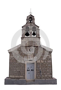 White stone christian orthodox chirch with bells and belltower, white wooden door and stone basement frond view isolated