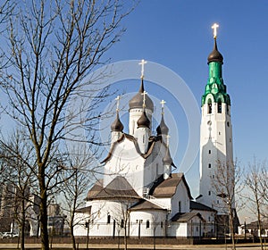 White stone Church on a Sunny day against a blue sky-image