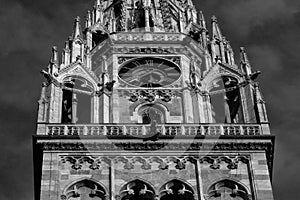 White stone church tower detail of the cathedral in Zagreb. black and white