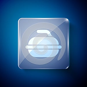 White Stone for curling sport game icon isolated on blue background. Sport equipment. Square glass panels. Vector