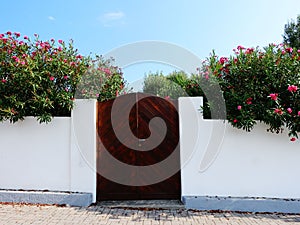 White stone fence with wooden door surrounded by pink flowers and greenery under blue sky
