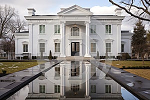 white stone greek revival mansion with mirrored entryways