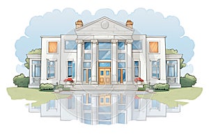 white stone greek revival mansion with mirrored entryways, magazine style illustration