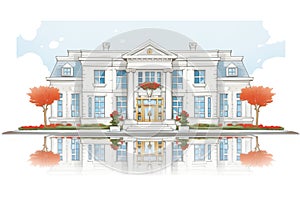 white stone greek revival mansion with mirrored entryways, magazine style illustration