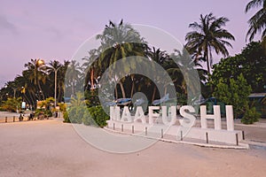 White Stone Letters for Maafushi Island Designation with Nice Palm Trees during the Sunset Time,