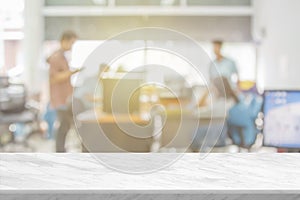 White stone marble table top and blurred abstract background from interior building banner backdrop with desk blur, counter work