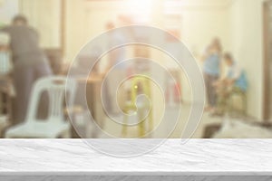 White stone marble table top and blurred abstract background from interior building banner backdrop with desk blur, counter work