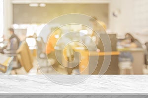 White stone marble table top and blurred abstract background from interior building banner backdrop with desk blur, counter work