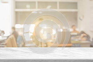 White stone marble table top and blurred abstract background from interior building banner backdrop with desk blur, counter work