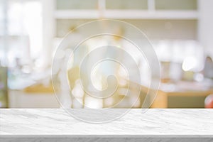 White stone marble table top and blurred abstract background from interior building banner backdrop with desk blur, counter work