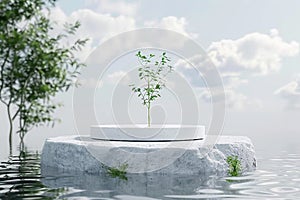 White stone podium, cosmetic display product stand with water reflection and nature leaves background. Trendy 3d render for social
