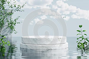 White stone podium, cosmetic display product stand with water reflection and nature leaves background. Trendy 3d render for social