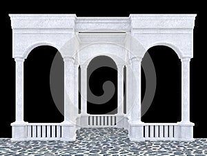 White stone portico with arcade and balustrade on a black background