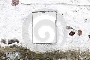 white stone wall with a hole in the middle. isolated on white background. grunge frame.