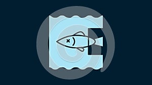 White Stop ocean plastic pollution icon isolated on blue background. Environment protection concept. Fish say no to