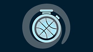 White Stopwatch with basketball ball inside icon isolated on blue background. Basketball time. Sport and training. 4K