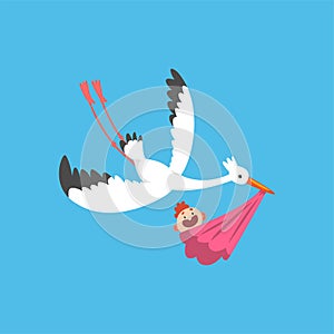 White stork delivering a newborn baby, flying bird carrying a bundle with baby girl, template for baby shower banner