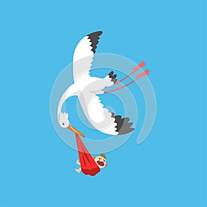 White stork delivering a newborn baby, flying bird carrying a bundle with crying baby, template for baby shower banner