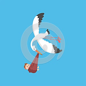 White stork delivering a newborn baby, flying bird carrying a bundle with smiling kid, template for baby shower banner