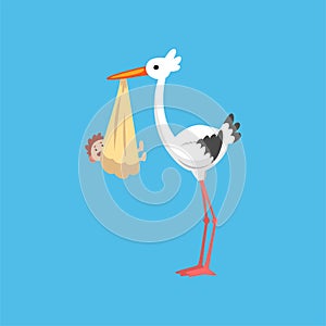 White stork delivering a newborn baby, stork with a bundle, template for baby shower banner, invitation, poster