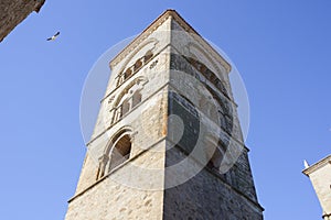 White stork flying over Santa Maria la Mayor church, Trujillo, Spain