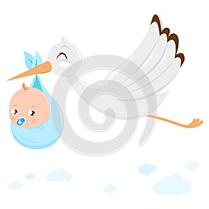 A white stork flying in the sky and delivering a cute newborn baby boy. Baby announcement. Vector Illustration