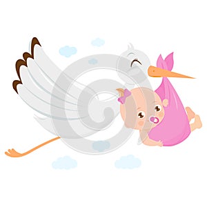 A white stork flying in the sky and delivering a cute newborn baby girl. Baby announcement. Vector Illustration