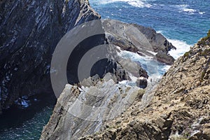 White stork nest place over cliff peak