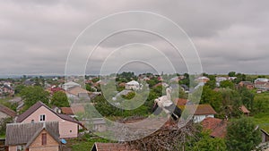 White stork with red beak and black wings in nest on a tree. Observation of birds in their habitat