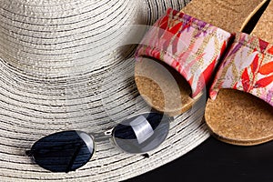 White Straw Hat, Beach Sandals and Sunglasses