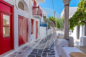 White street in the old town of Mykonos, Greece