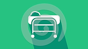 White Stretcher icon isolated on green background. Patient hospital medical stretcher. 4K Video motion graphic animation