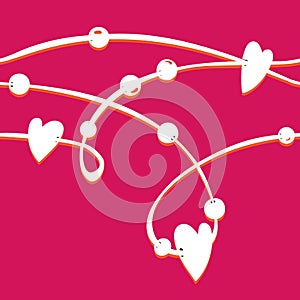 White string with hearts beads on bright pink background valentine day vector seamless pattern