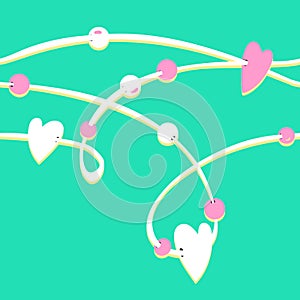 White string with pink hearts beads on mint green background valentine day vector seamless pattern