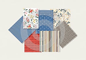 And white striped pattern, red with black polka dots, a brown botanical