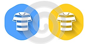 White Striped sailor t-shirt icon isolated with long shadow background. Marine object. Circle button. Vector