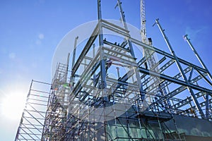 Structural steel framework for new building.