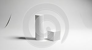 White studio backdrop with a cylindrical and a cubic object. The cylinder is taller and