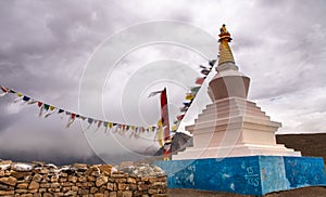 White stupa, Buddhist, praying flags, Spiti Valley