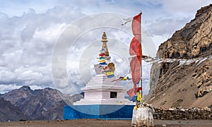 White stupa, Buddhist, praying flags, Spiti Valley