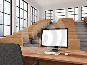 White stylish auditorium interior with bench in row and mock up computer