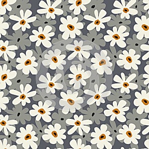White stylized chamomile flowers on a gray background. Seamless pattern with abstract hand drawn geometric flowers