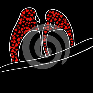 White stylized silhouettes of two birds with red hearts on black background. Couple of birds sitting on a branch. Vector