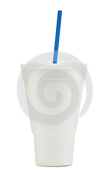 White Styrofoam Soda Fountain Drink Cup with a Blue Straw photo