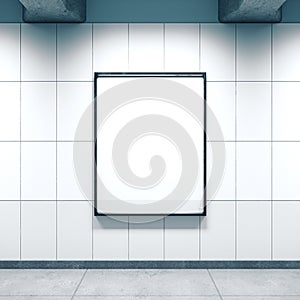 White subway station with empty poster on wall