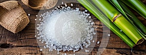 White sugar with fresh sugar cane on wooden table. selective focus. Generative AI,